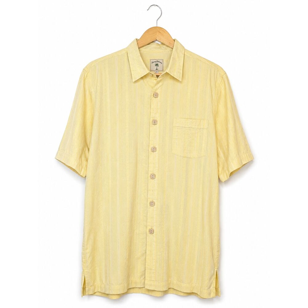 Jamaica Jaxx 100% Silk Shirt Men's XL Pale Yellow Wooden Buttons Hawaiian Casual